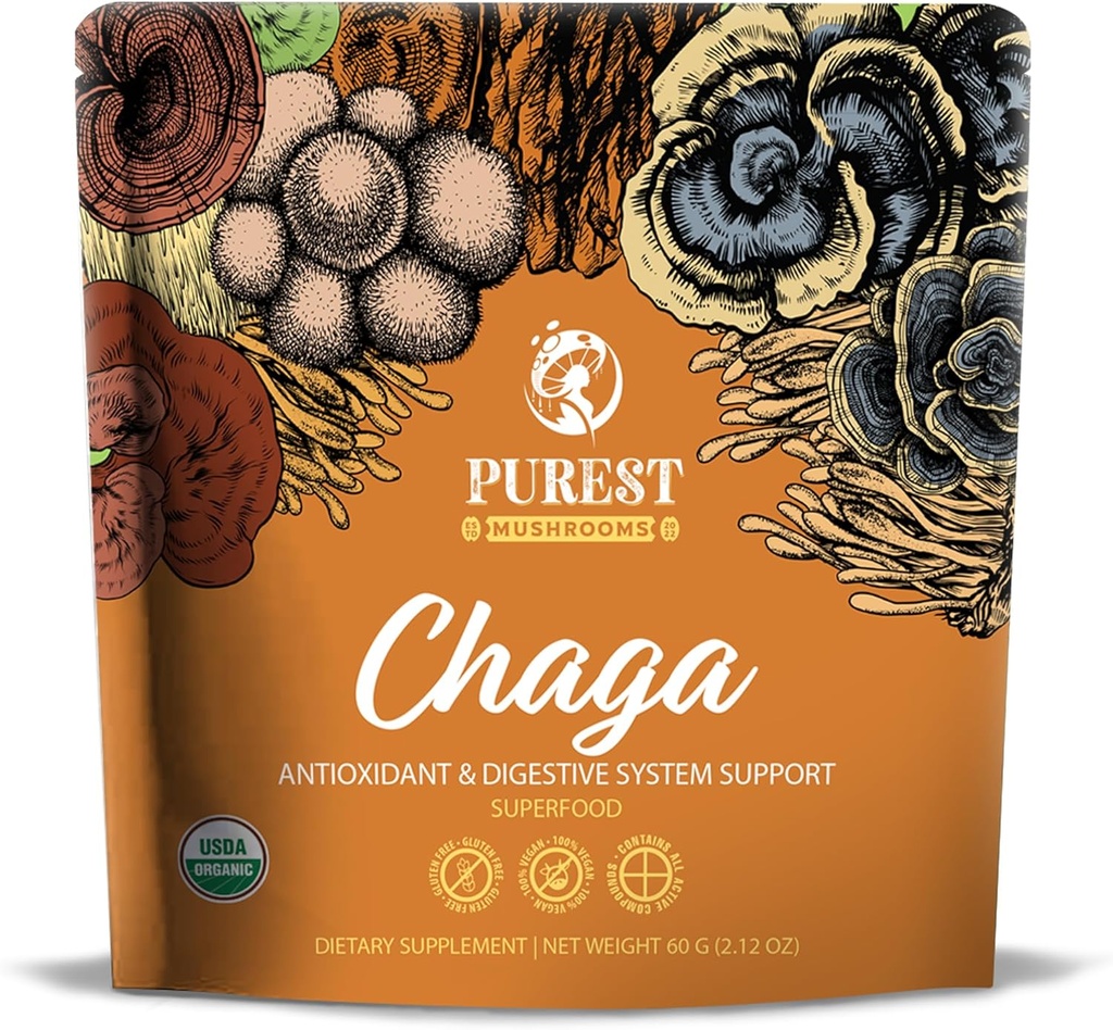 Chaga Mushroom Extract Powder - Bio Chaga Pilzextrakt für Verdauung, natürliche Energie und Immununterstützung - Natürliche Ergänzung für Gesamt Wellness 60g