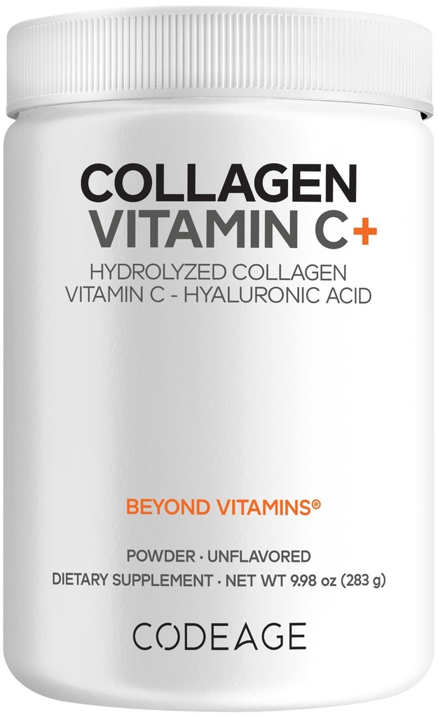 Codeage Collagen Peptides Powder + Vitamin C - 20g Grass-Fed Collagen Per Serving - Verdauungsenzyme, Hyaluronsäure, 18 Aminosäuren - hydrolysiertes Kollagenprotein - Non-GMO, Unflavored - 9.98 Unze