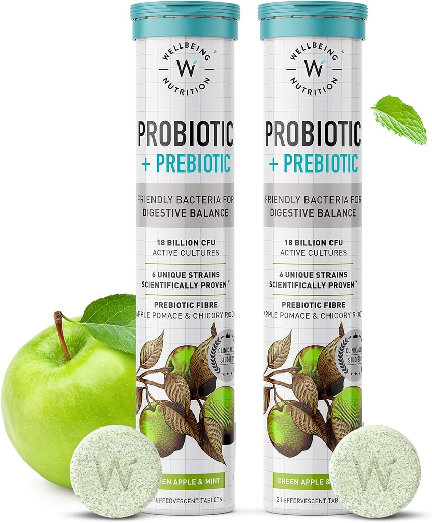 WELLBEING NUTRITION Daily Probiotic + Prebiotic| Plant Based |18 Billion CFU, 6 Strains für Männer und Frauen mit Bio Prebiotic Fiber for Digestion, Gut Health, Metabolism | 42 Effervescent Tabs