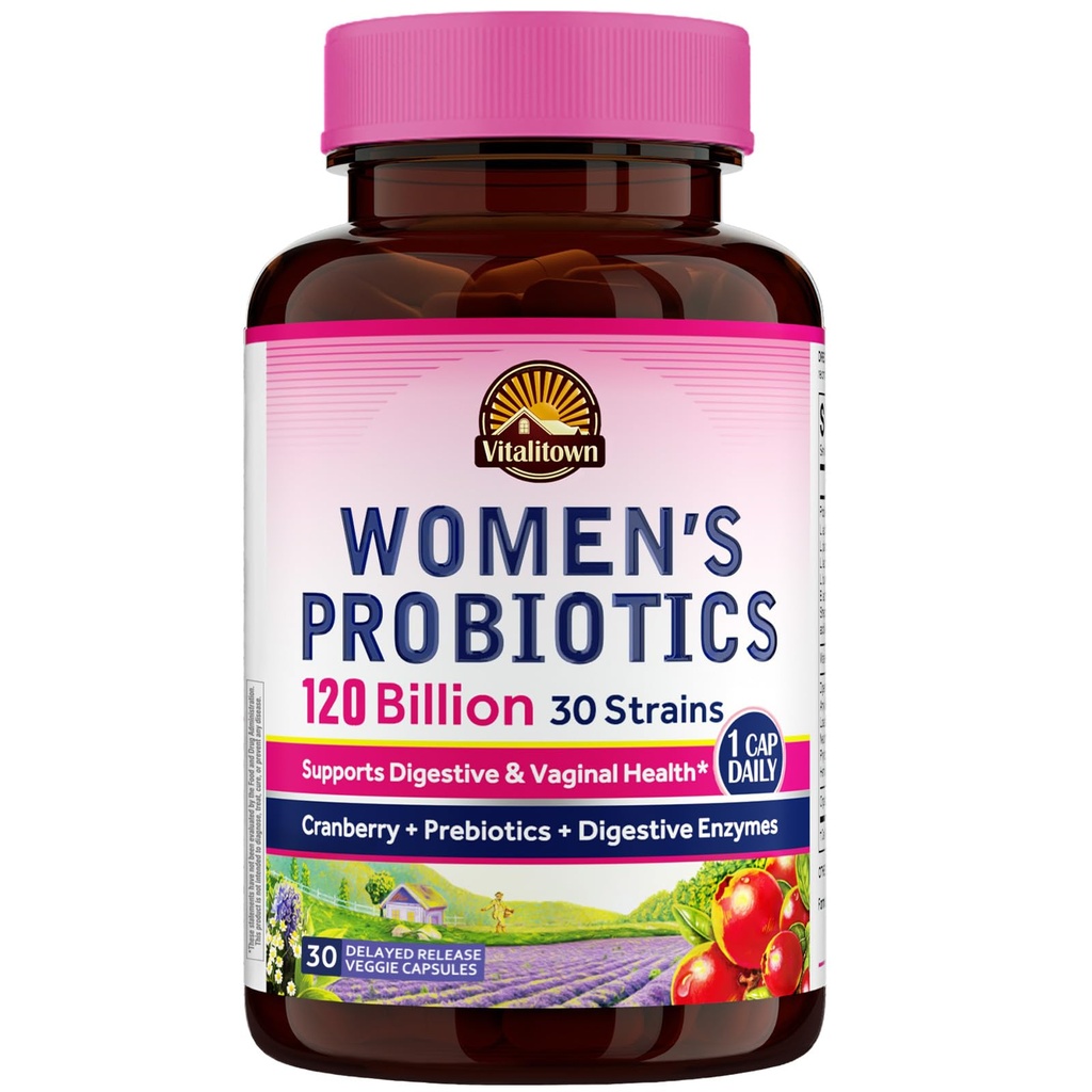 Vitalitown Probiotics for Women 120 Billion CFUs, 30 Strains, with Prebiotics & Digestive Enzymes & Cranberry, Gut & Vaginal Health, Vegan 30 (Pack of 1) Delayed Release Caps