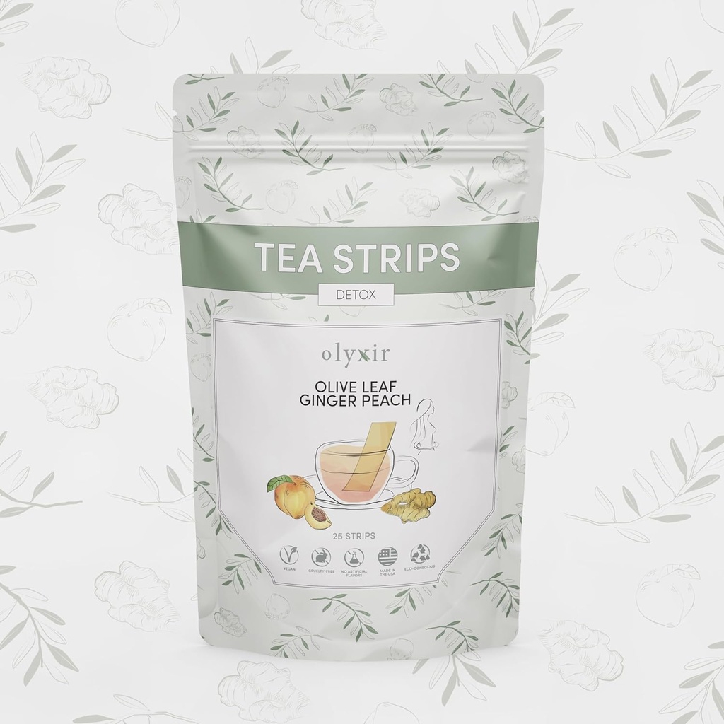 Olyxir Detox Teestreifen - Natürliche Olivenblatt, Ginger, & Peach Flavors - Instant, Energizing, Organic, Paleo, Vegan, Non-GMO | 25 Ct