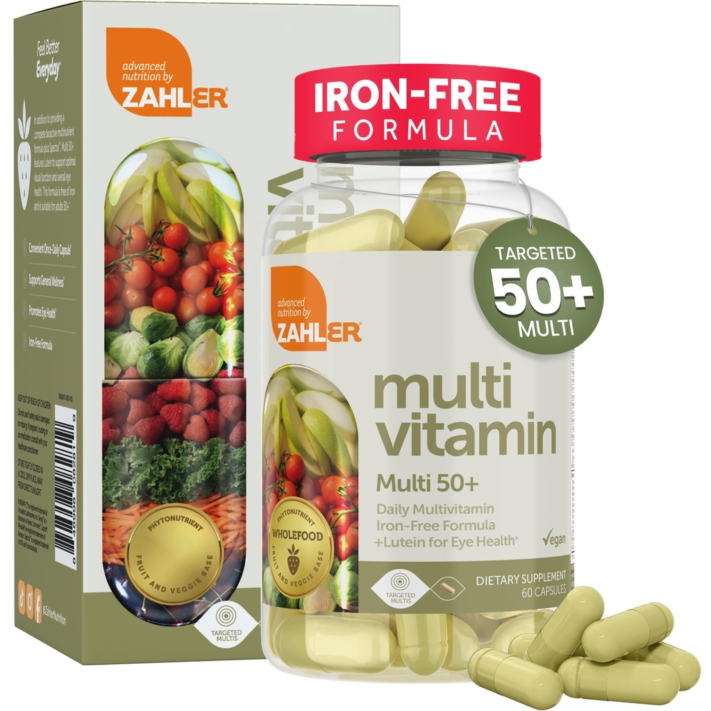 Zahler Multivitamin 50+, Iron-Free Formula + Lutein für Augengesundheit, 60 Kapseln.