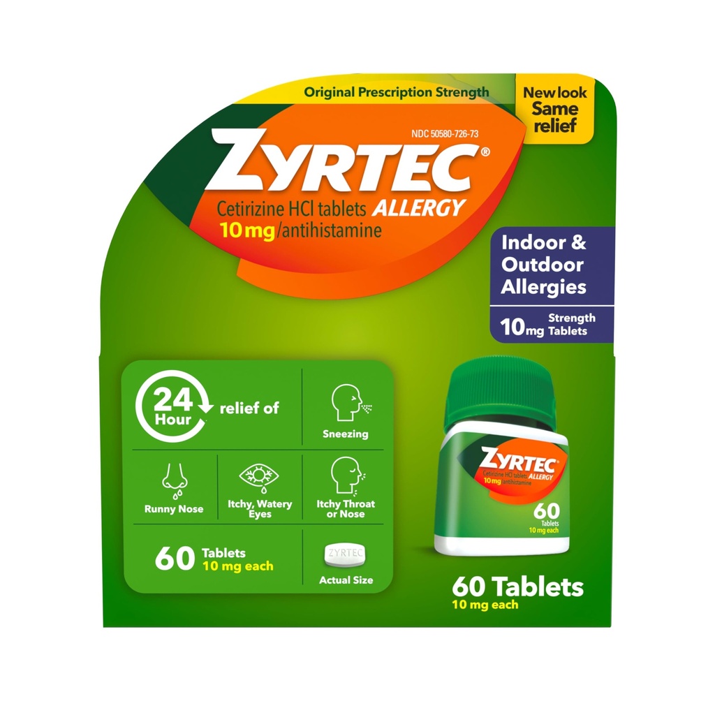 Zyrtec 24 Hour Allergy Relief Tabletten, Indoor & Outdoor Allergy Medizin mit 10 mg Cetirizine HCl pro Antihistamin Tablet, Relief von Allergien, 60 Graf.