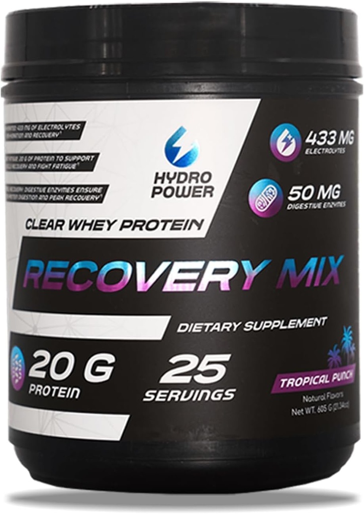 Hydro Power Clear Whey Protein Recovery Mix - Tropical Punch Flavor - 433mg Elektrolyte & 20g Protein - Fuel Performance & Recovery - Nahrungsergänzung für Männer & Frauen - 25 Servierungen