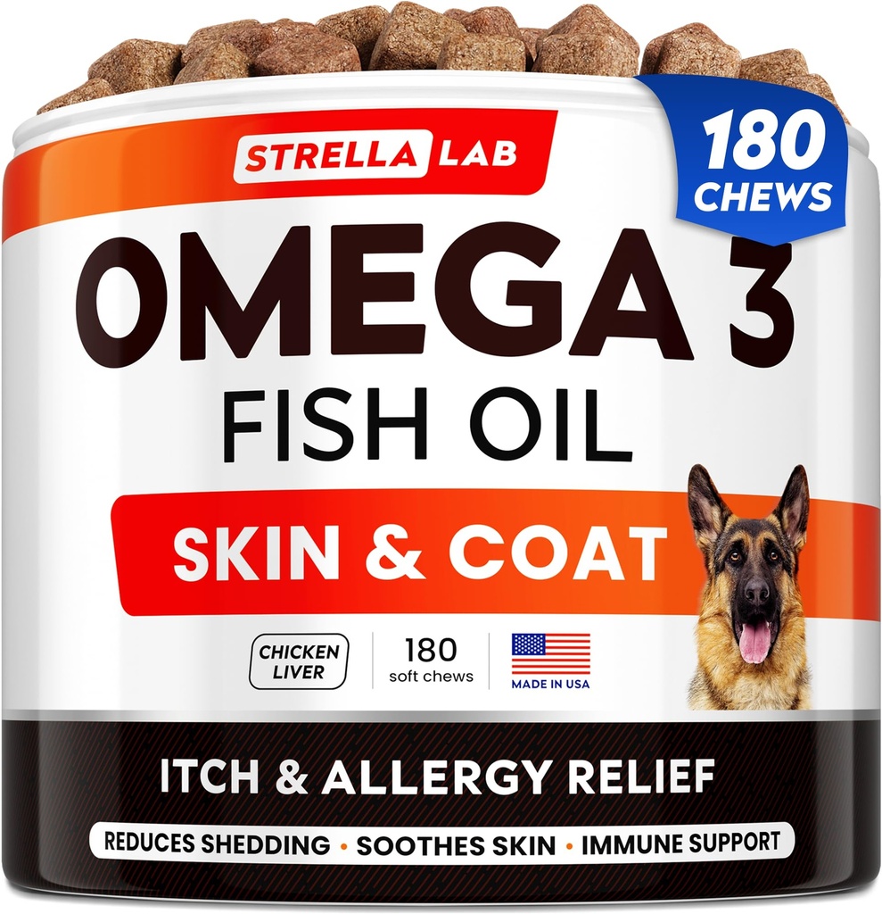 StrellaLab Fish Oil Omega 3 Tücher für Hunde (180 Tücher) - Allergy & Itch Relief - Skin & Coat Supplement - Joint Health - Wild Alaskan Salmon Oil - Shedding, Itchy Skin Relief - Omega 3 6 9 - EPA&DHA