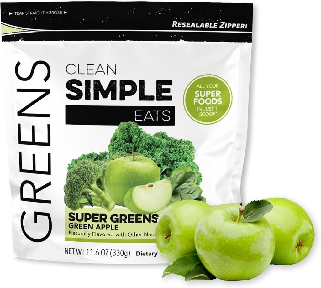 Reinigen Sie einfache Eats Super Greens Pulver, Natürlich aromatisierte Grüns Pulver mit Chlorella, Spirulina, Superfoods & Prebiotic Fiber, keine künstlichen Zutaten, Glutenfrei, Grüner Apfel Geschmack, 30 Servierungen