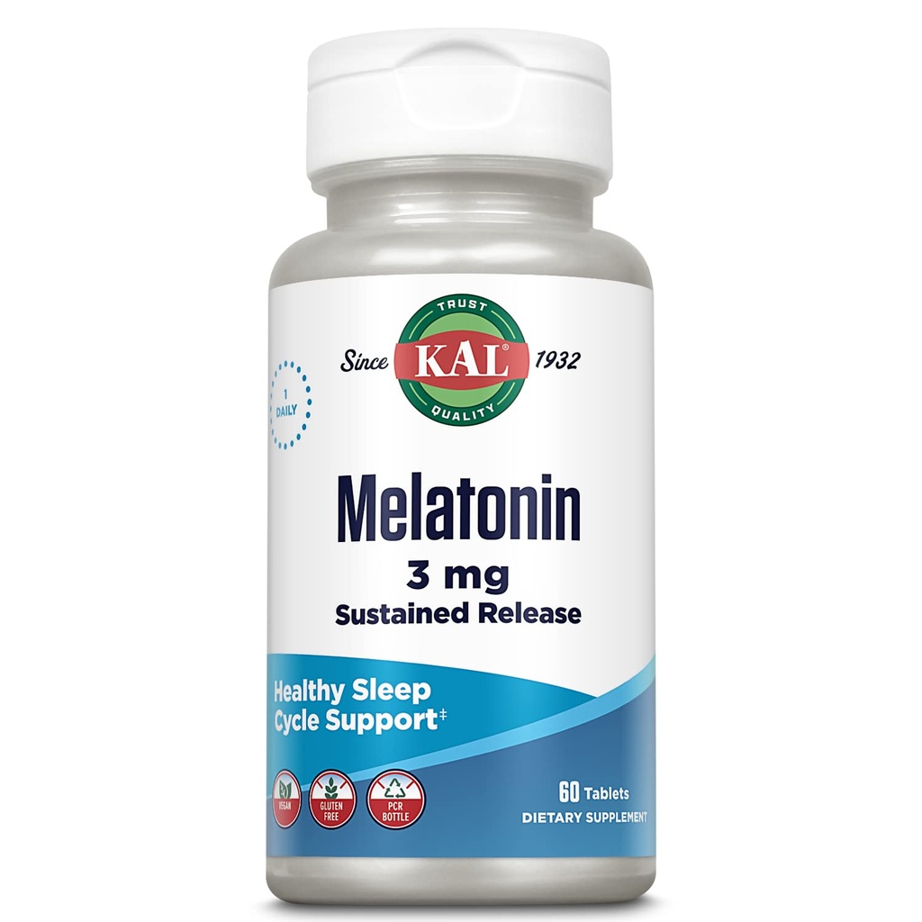 KAL Melatonin 3mg Sustained Release Schlafhilfe, Melatonin Ergänzung unterstützt gesunde Entspannung, ein ruhiges Gefühl und ein richtiger Schlafzyklus, w/Added Vitamin B6, Vegan, Gluten Free 60 Serv, 60 Tabletten