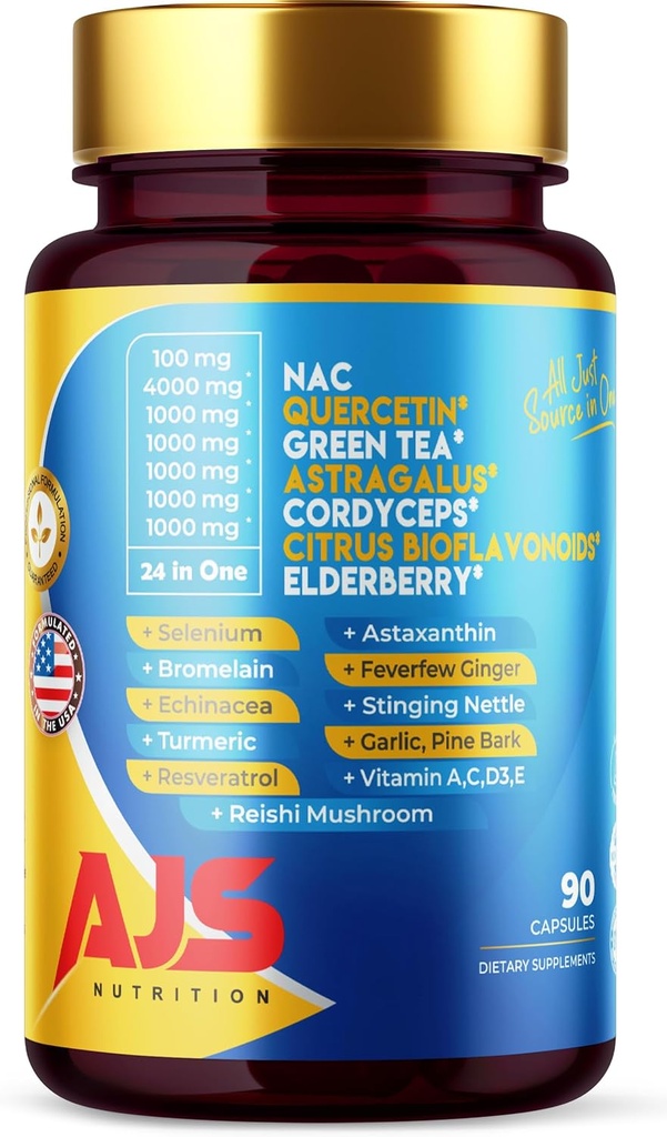 AJS Quercetin 4000mg mit Nac Green Tea Cordycepscitrus Elderberry Selenium Bromelain Echinacea Turmeric Resveratrol Astaxanthin Feverfew Ginger Reishi Pilz 90 Caps 20 in 1