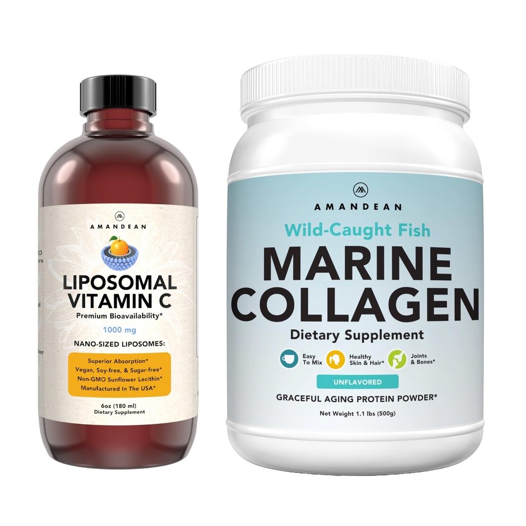 Marine Collagen Powder + Vitamin C - Perfekte Haut von innerhalb Combo. Wild-Caught Cod Fish Peptides, Liposomal VIT C Liquid 1000mg. Boost Produktion und Synthese für gesundes Altern, Schönheit, Wellness.