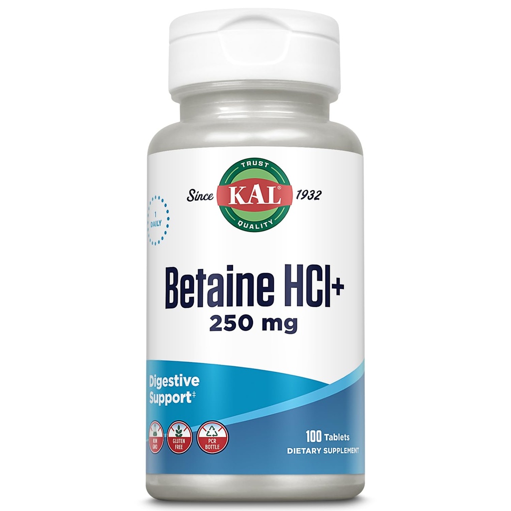 KAL Betaine HCL mit Pepsin, Verdauungsergänzung mit 250mg Betaine Hydrochlorid Plus 130mg Pepsin, Glutenfrei, Non-GMO, 60-Day-Garantie, Rapid Disintegration Tablets, 100 Portionen, 100ct