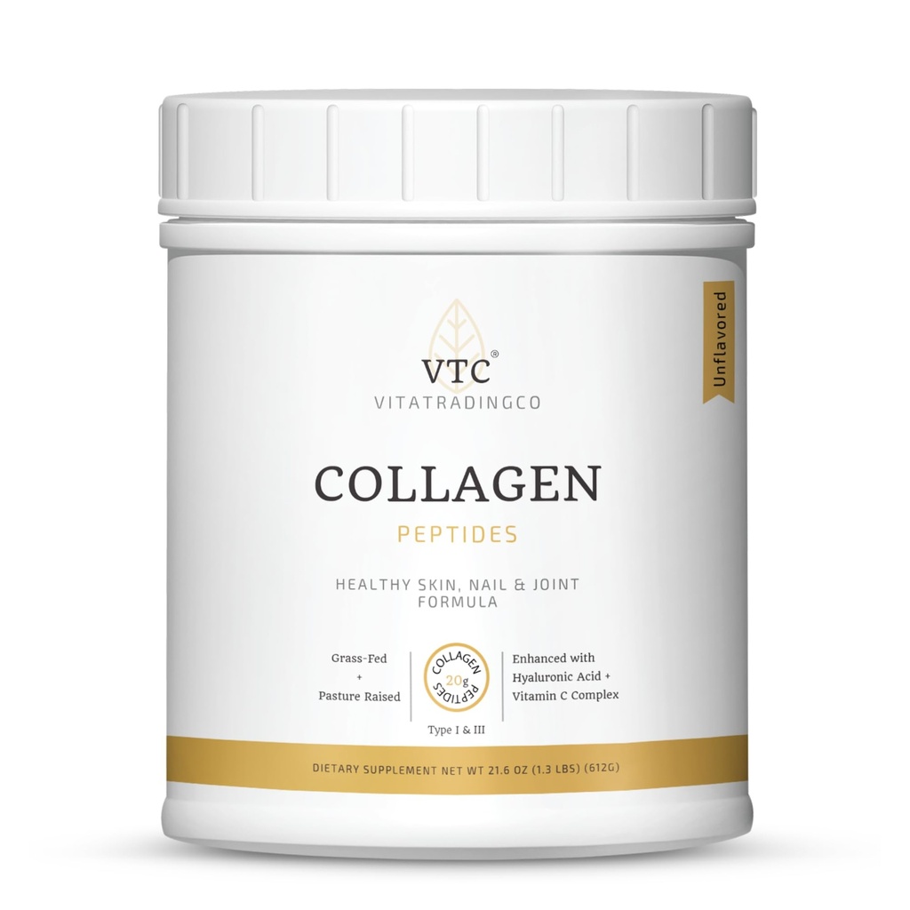 VTC VitaTradingCo. Grass-Fed Collagen Peptides Pulver | Typ I & III | Hyaluronsäure & Vitamin C | Gesundes Haar, Haut & Gelenke | Non-GMO, Paleo, Keto | 30 Servierungen (Unflavored)