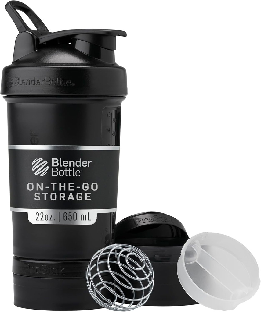 BlenderBottle Shaker Bottle mit Pill Organizer und Speicher für Proteinpulver, Classic V2 ProStak System, 22-Ounce, Mitternacht Schwarz