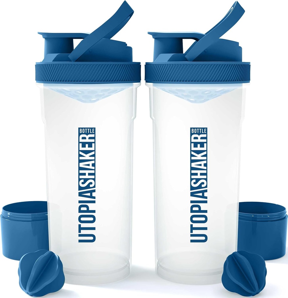 Utopia Home Shaker Bottle 2 Pack - 24 Unze Plastikprotein oder Cocktail Shaker Bottle für Pre & Post Workout mit Twist & Lock Protein Box Storage (Clear/Navy)