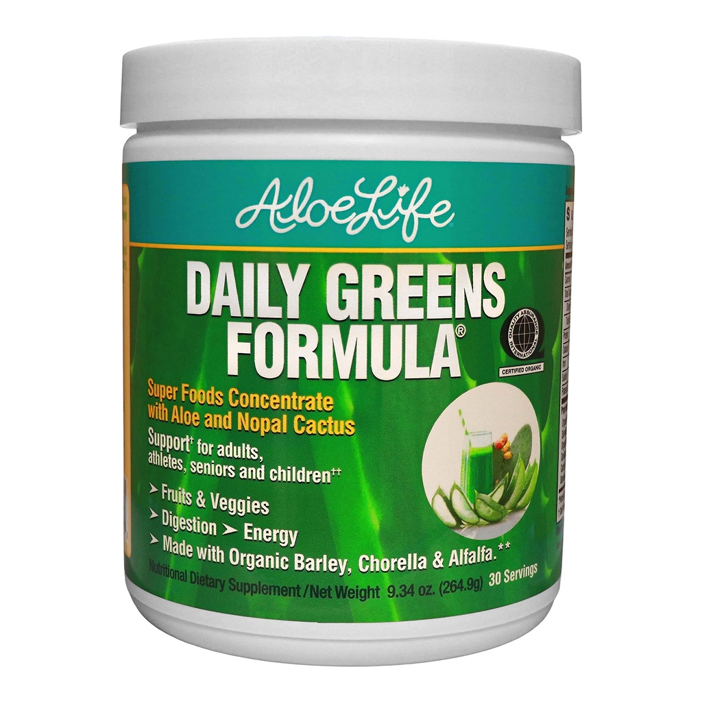 Aloe Life - Daily Greens Powder, QAI-Certified Organic Health Supplement, Antioxidantien, 21 Früchte, Veggies, & Kräuter einschließlich Aloe & Nopal Cactus, Low-Calorie, Keto-Friendly, Gluten-Free (30 Servierungen)