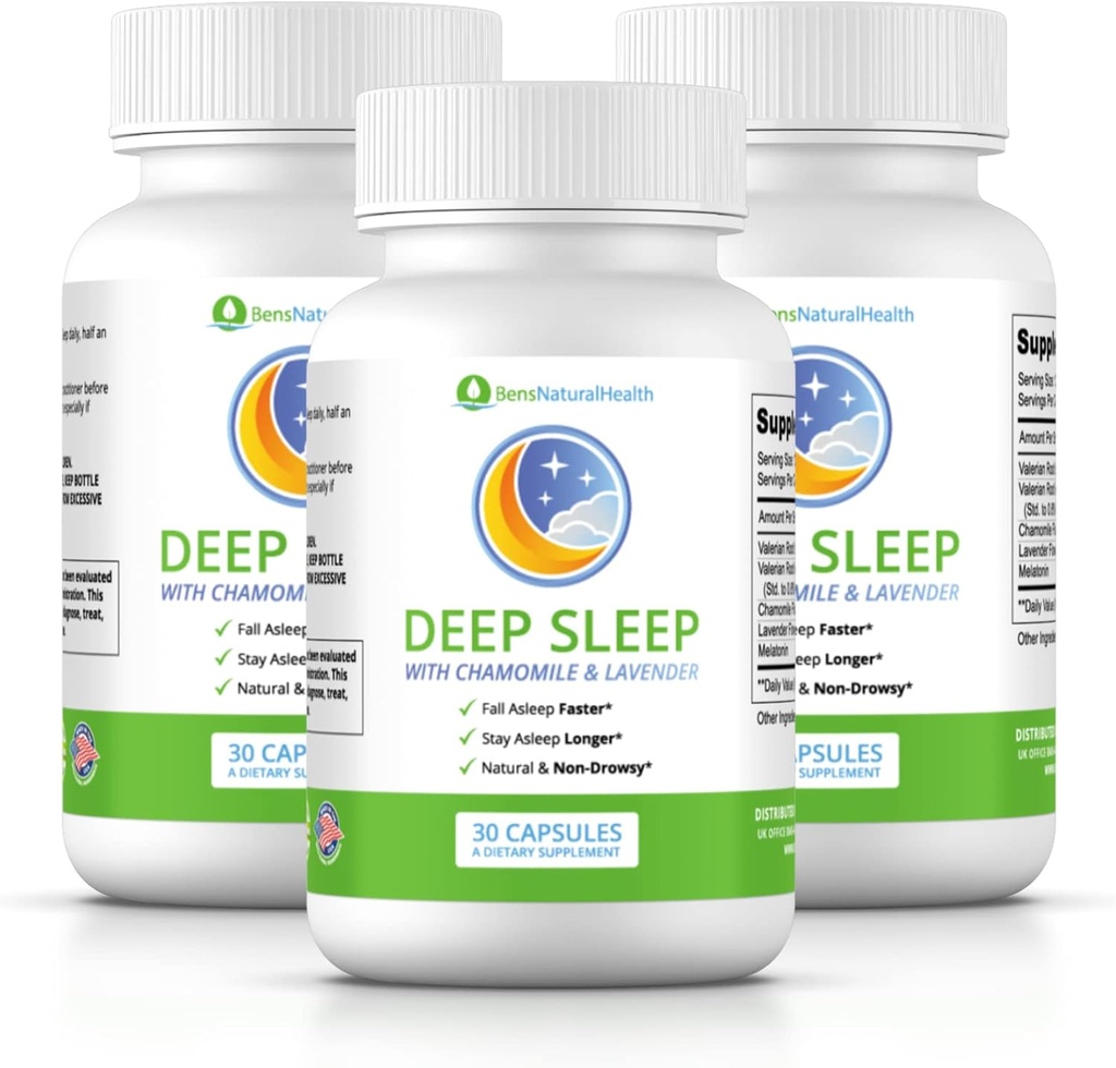 Ben's Natural Health Deep Sleep Support Supplement, Melatonin, Valerian, Chamomile and Lavender, 30 Capsules, 3 Pack