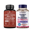 Ganzer Wellness Super-Absorb Multi Collagen Pillen (Typ I II III V X) Bio Kräuter und Bioperine + Dr. Formulierte Raw Probiotics für Frauen 100 Milliarden CFUs mit Prebiotics Bundle