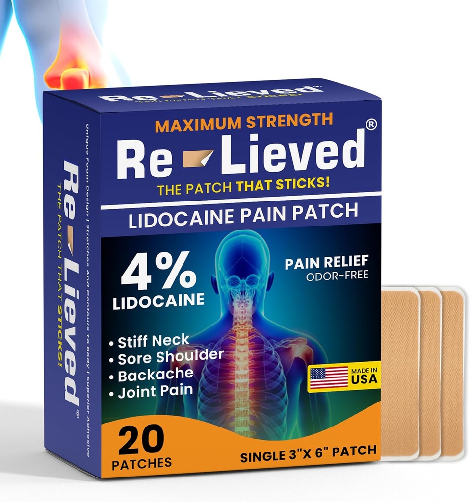 Re-Lieved 4% Lidocaine Patches Maximale Stärke - Aluminium-frei, Wasser-beständig und USA Made -Superior Sticking Pain Relief Patches schnell entlastet Rücken, Gelenke und Muskel Pain-3x6 Zoll (20 Zähler)