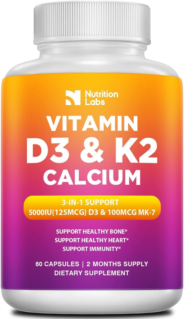 Vitamin D3 K2 5000 IU-Ergänzung mit Calcium, Multivitamine unterstützt Immungesundheit, starke Knochen, Äpfel- und Herzfunktionen mit Bioperine Black Pepper Fruit Extract 60 Count (Pack von 1)