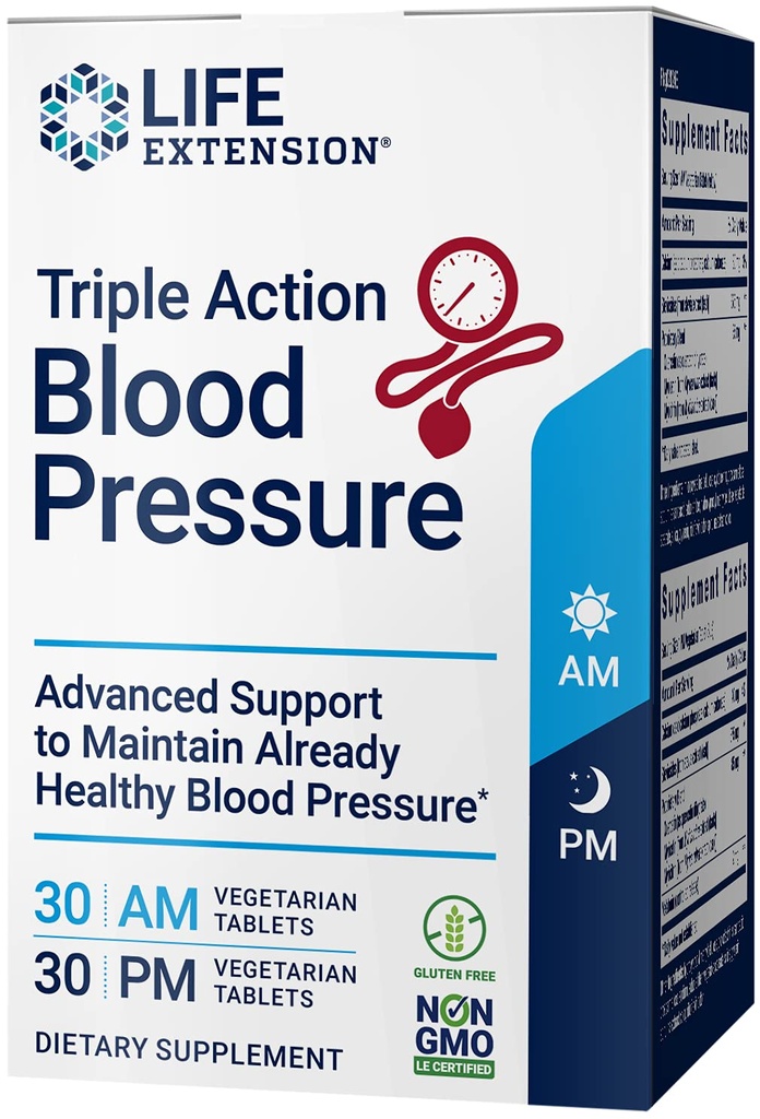 Life Extension Triple Action Blood Pressure, Heart Health Supplement, Quercetin, Stevia Extract, Melatonin, Morning and Night Support, Glutenfrei, Non-GMO, Vegetarisch, 60 Tabletten