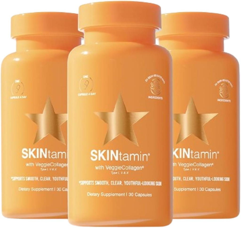 SKINtamin Vegetarische Collagen Pillen | Beste Collagen Ergänzungen für Frauen Haut Firmness und Falten zu unterstützen | Hautergänzung Formuliert, um Blemishes zu reduzieren (30 Zählung von 3)