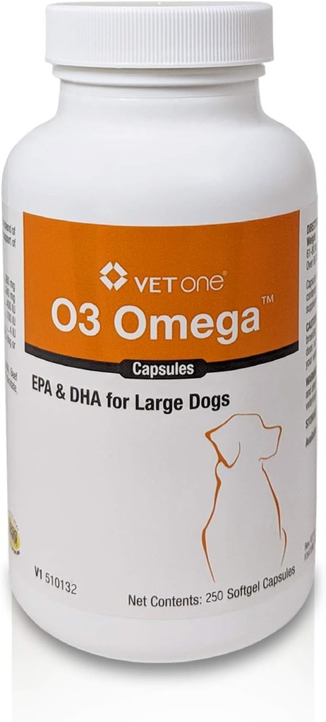 VetOne O3 Omega Soft Gel für große Hunde - Essential Fatty Acid Support - Haut- & Coat Supplement - 250 Kapseln