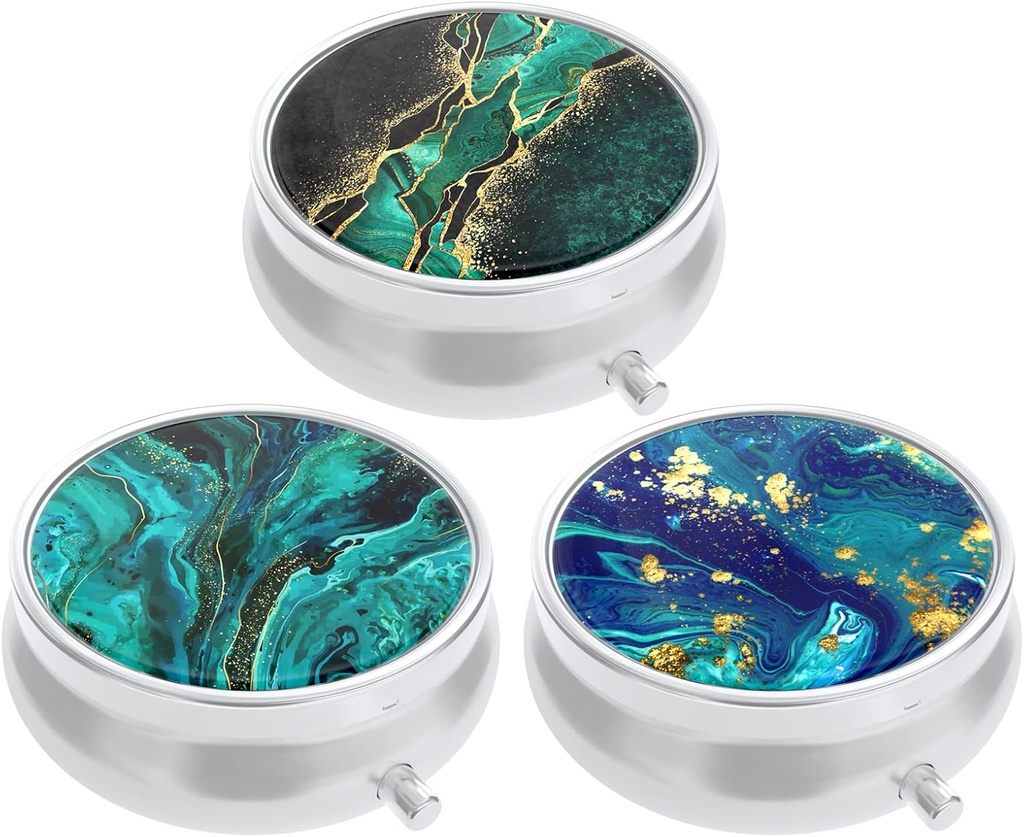 3 Pack Pillen-Box, kleine Pillen-Gehäuse für Geldbeutel und Tasche, niedliche Medizin Organizer Reise Pillenbox, Tragbare Pillen-Containerhalter, Vitamine, Medikamente, Fischöl und Ergänzungen, Teal Ocean Marmor