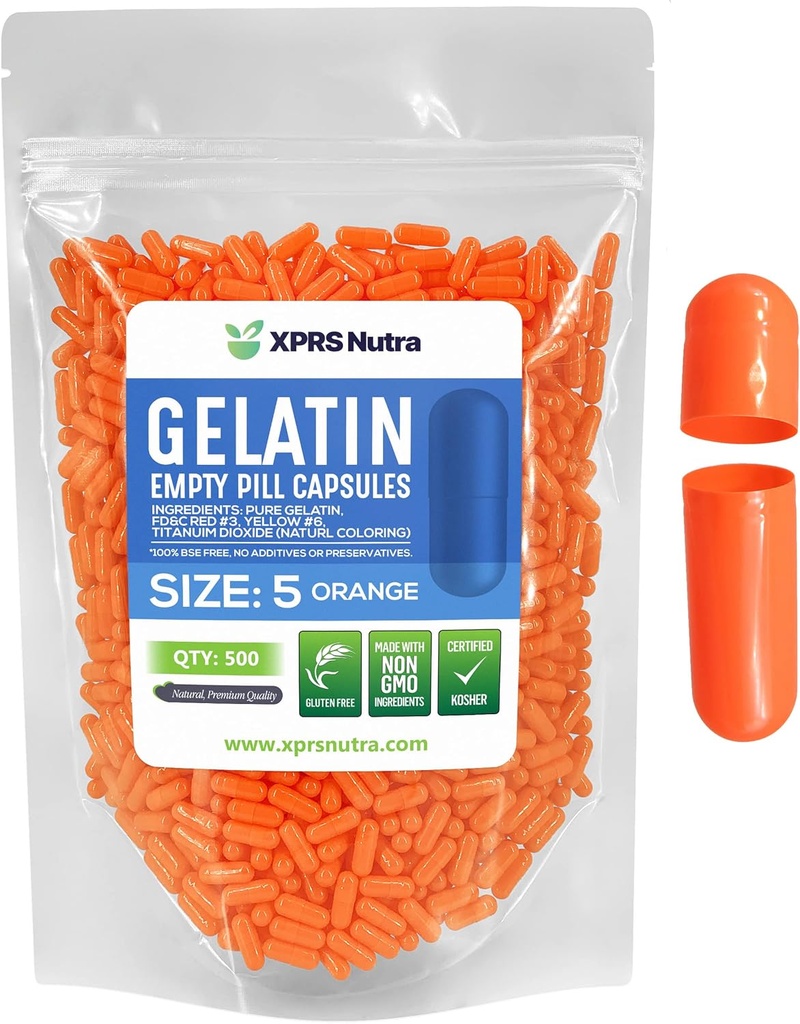 XPRS Nutra Größe 5 Leere Kapseln - 500 Graf Sehr kleine leere Gelatine Kapseln - Pillen DIY Kapsel Füllung - Fillable Pille Gel Kapseln für Do-It-Yourself Vitamin Supplements (Orange)