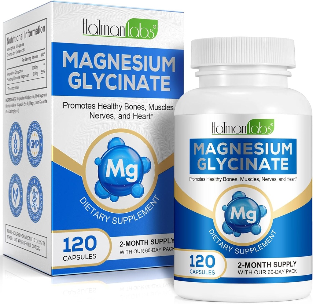 Reines Magnesium-Glycinat, hohe Absorption Magnesium, Magnesium-Ergänzung unterstützt Leg, Muskel, Nerve, Knochengesundheit, 120 Magnesium-Glycinat-Kapseln