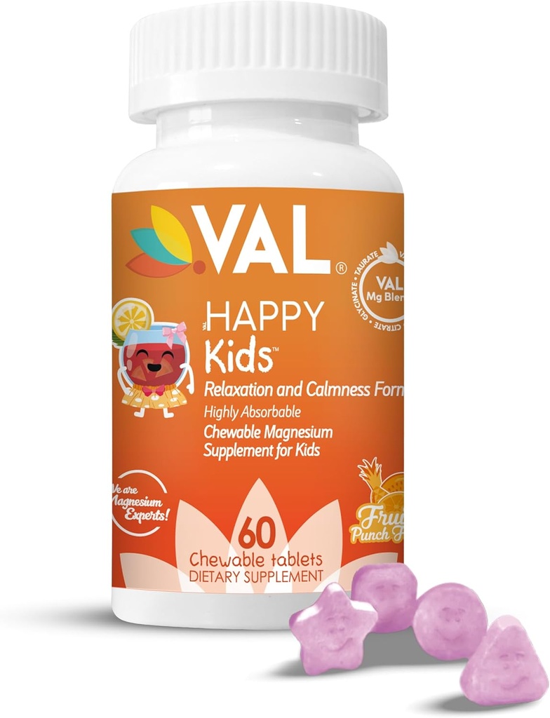 VAL Magnesium für Kinder | High-Absorption Magnesium für Kalorien, Entspannung & Fokus | Mg Glycinate, Citrate & Taurate | mit Vitamin B6, D & C | Zuckerfrei, Non-GMO | 60 Chewable Tablets