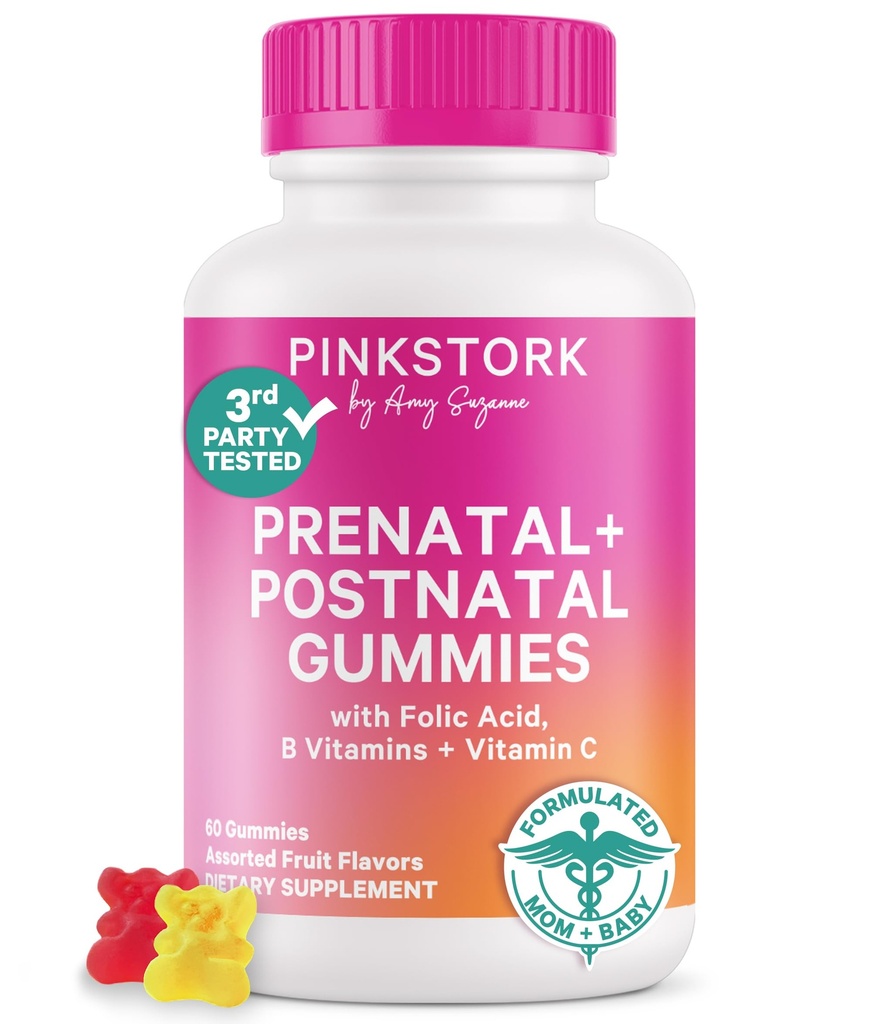 Pink Stork Fertilität + Pränatal + postnatale Gummy Vitamine – Volle Mutterschaft Reise Unterstützung – Multivitamin mit Folat, B Vitamine, Zink & Biotin – 60 sortierte Fruchtgummis