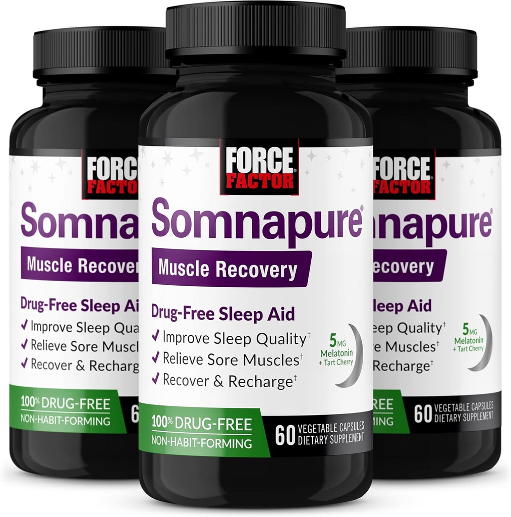 FORCE FACTOR Somnapure Muscle Recovery Schlafhilfe für Erwachsene mit Melatonin 5mg, Heilige Basilikum und L-Theanin, Nahrungsergänzung für Schlafunterstützung, Muskel Soreness Relief, & Muskel Erholung, 180 Caps, 3-Pack