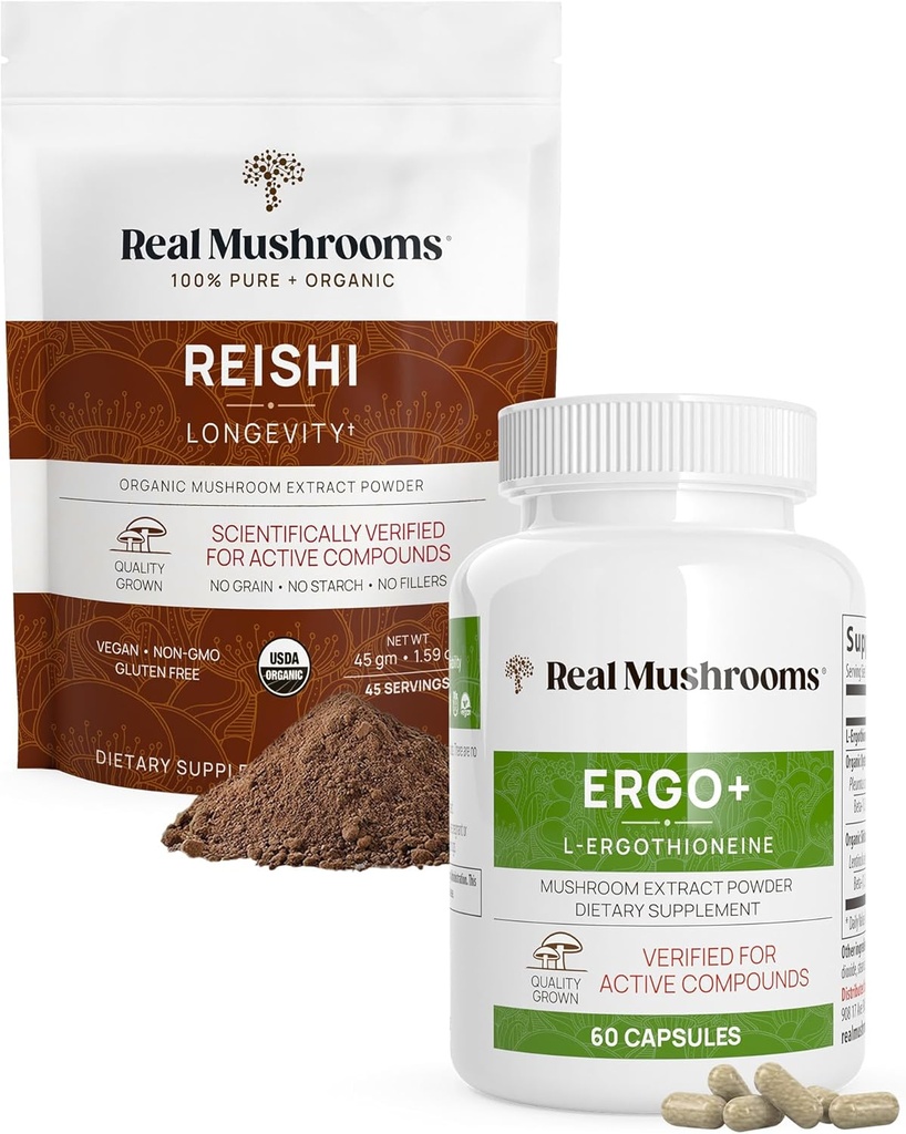 Echte Pilze Ergothioneine (60ct) und Reishi Bio-Pulver (45 Portionen) Mit Shiitake und Oyster Pilzextrakten - Langlebigkeit und Entspannung - Vegan, Glutenfrei, Non-GMO