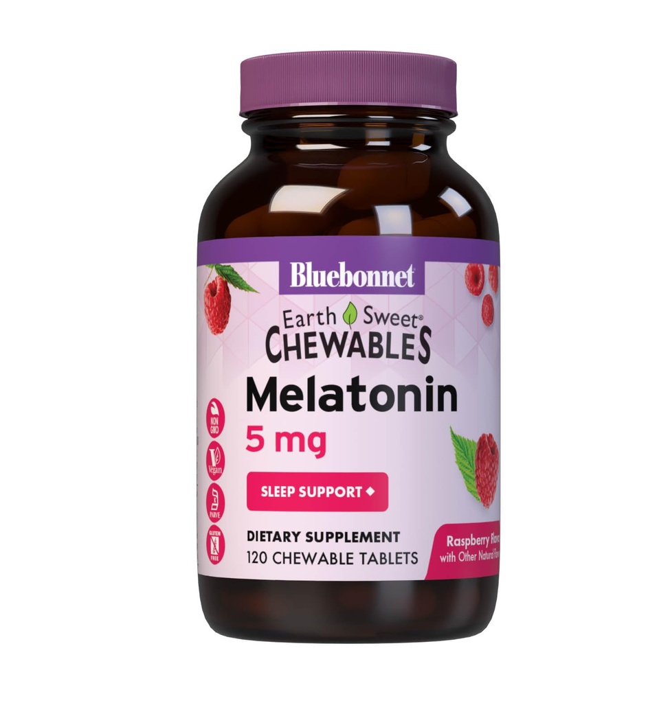 Bluebonnet Nutrition EarthSweet Melatonin 5 mg schnell wirkende nächtliche Entspannung und erholsame Schlafunterstützung - Schlafmittel - glutenfrei, vegan - Himbeergeschmack - 120 Kautabletten