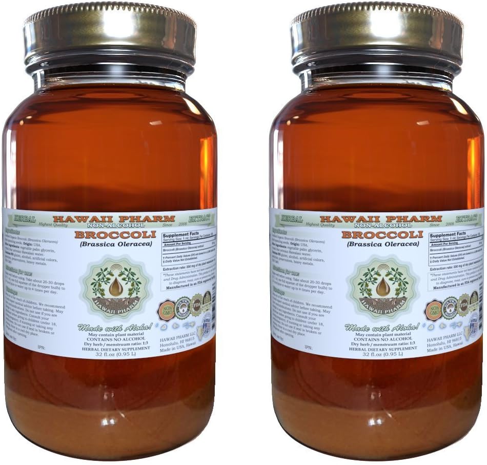 Hawaii Pharm Broccoli Alcohol-Free Liquid Extract, Organic Broccoli (Brassica Oleracea) Sprouting Seed Glycerite Natural Herbal Supplement 2x32 oz Unfiltriert