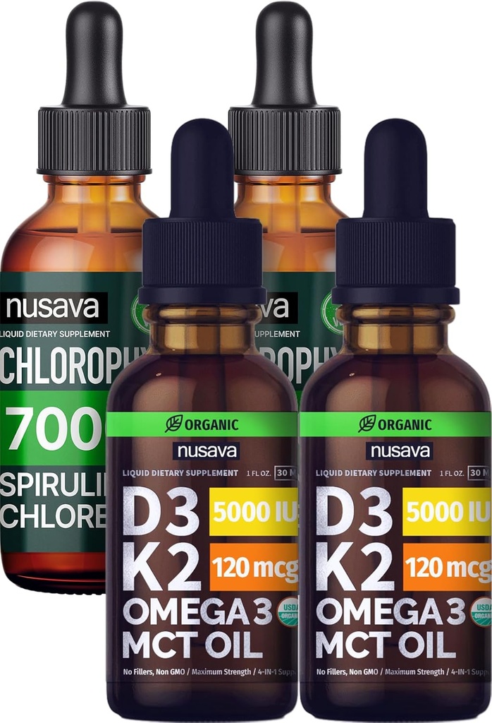 NUSAVA Unflavored D3 K2 Tropfen und Chlorophyll Flüssigkeitstropfen Bundle - Potente flüssige Vitamine für Herz, Gelenk, Energie und Immununterstützung - Non-GMO, Gluten-Free, 2pk Jeder