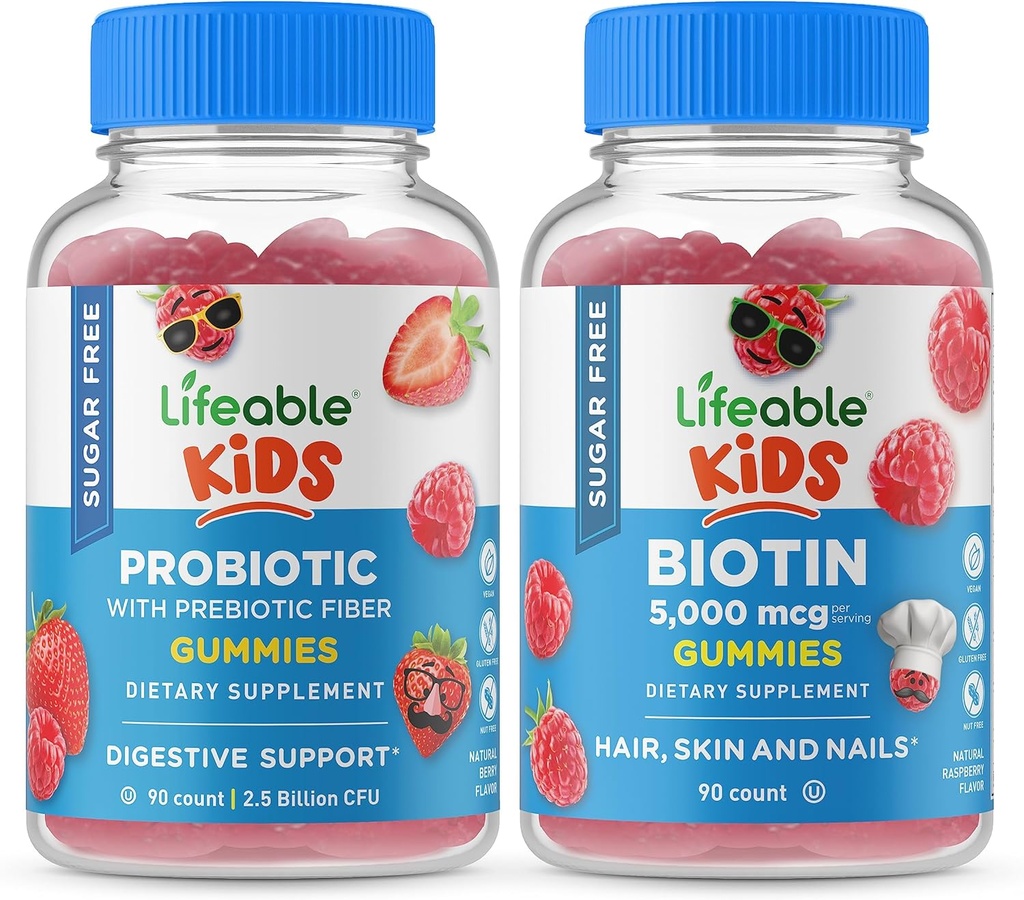 Lebensfähiger Sugar Free Probiotic + Prebiotic Fiber Kids + Biotin Kids, Gummis Bundle - Große Verkostung, Vitamin Supplement, Glutenfrei, GMO frei, Kaugummi