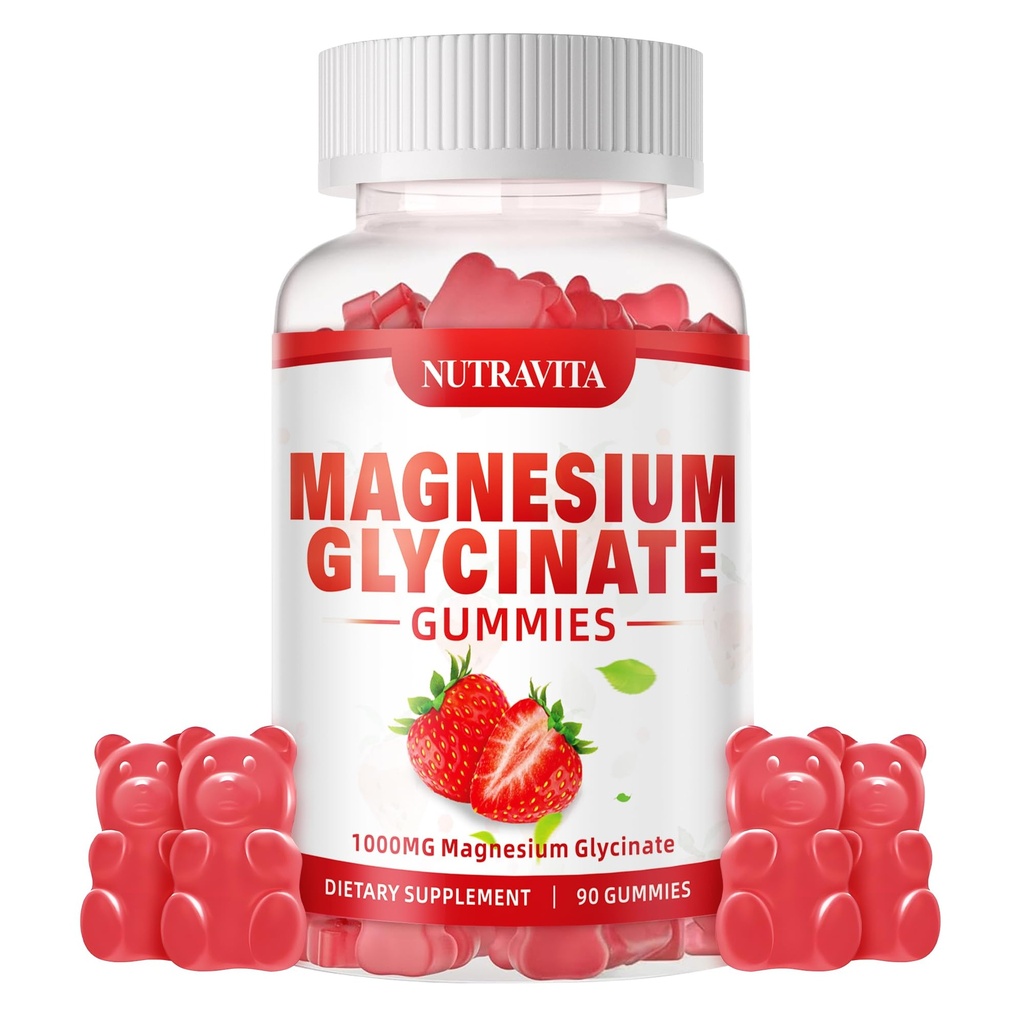 Magnesium-Glycinat-Gummien 1000mg mit Magnesium L-Threonat,Chelat Magnesium-Kalium-Komplex-Ergänzung mit VitD, B6, CoQ10, Calcium,Unterstützung für Gedächtnis, ruhig, Stimmung - 90 Gummie Erdbeere