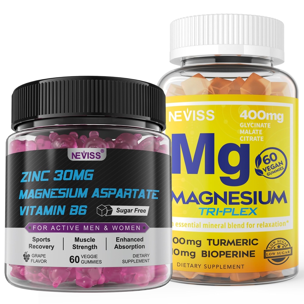 NEVISS Magnesiumgummis mit Kurkuma 300mg + Zink und Magnesiumergänzung mit Vitamin B6, B12, D3, Kurkuma
