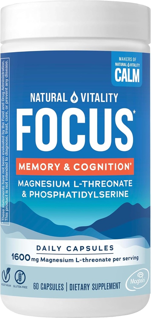 Natürliche Vitalität Fokus, Magnesium L-Threonat und Phosphatidylserine Nootropic Brain Ergänzungen für Gedächtnis, Fokus und Kognition, Glutenfrei, Vegetarisch, 60 Kapseln