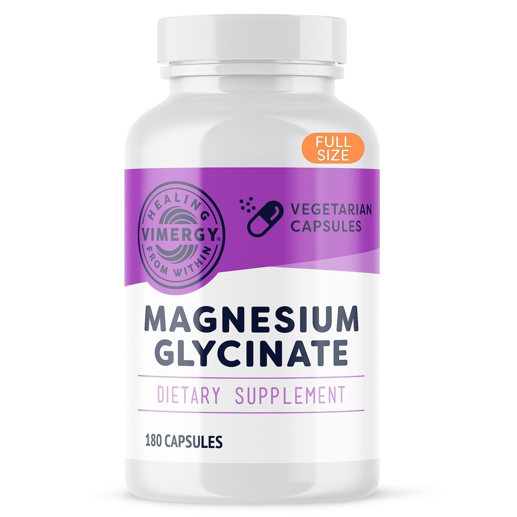 VIMERGY Magnesium Glycinate – Stress Support – Chelated to Avoid Tummy Upset*– Promotes Heart Health & Energy*– Kosher, Vegan Gluten-Free – 180 Caps