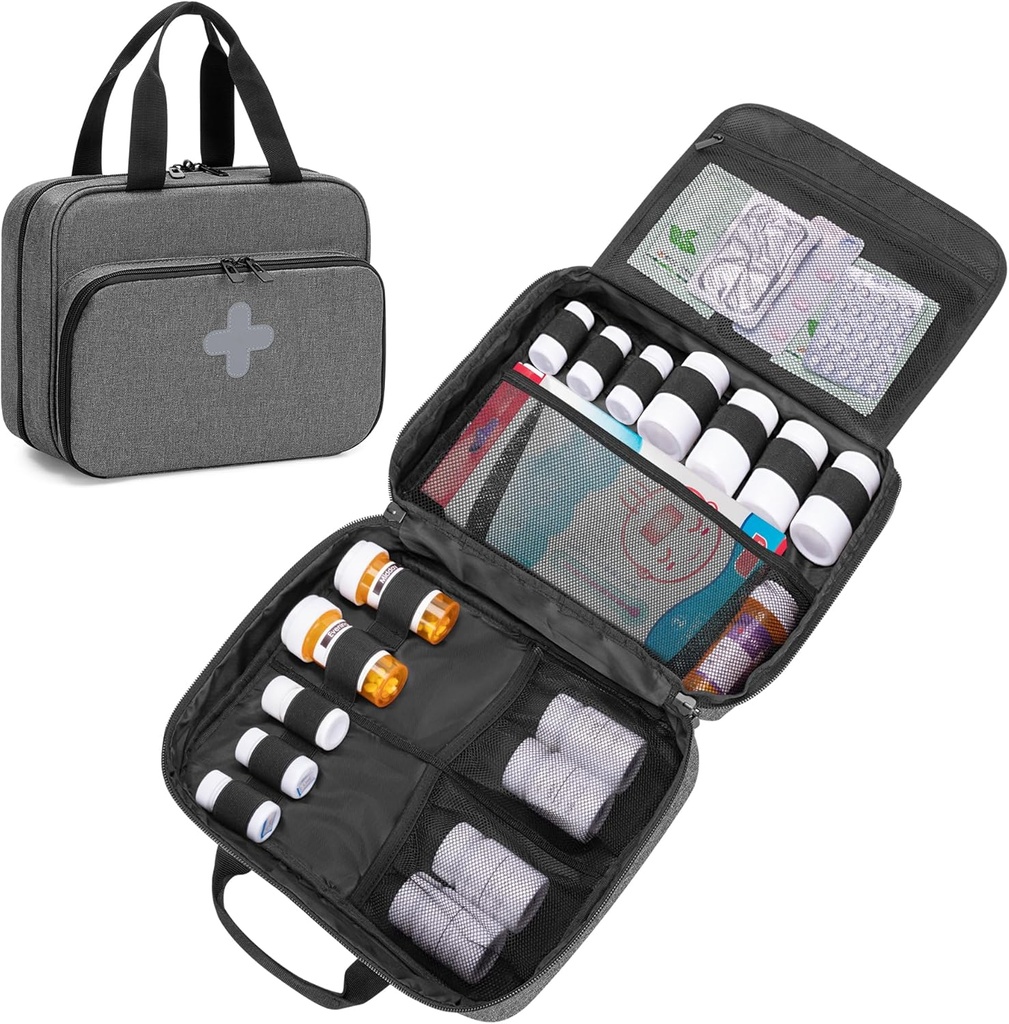 CURMIO Pill Bottle Organizer Tragbare Medizin Tasche, abschließbare verschreibungspflichtige Flasche Lagerung für Pillen Flaschen, Vitamine, medizinische Ergänzungen für Heimlagerung und Reise, Grau (Empty Medicine Bag)