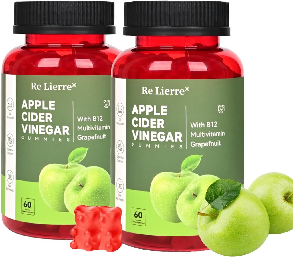 MONTUE Apfel Apfel Apfel Apfelessig Gummie B12 Multivitamin,ACV Ergänzung Gummy Vitamine,Nicht GMO, Vegetarische Ergänzung für Frauen und Männer,Unterstützung Normale Energie Levels & Gut Health Gummies (60Gummies+60Gummies)