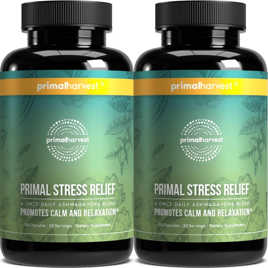 Primal Harvest Stress Relief Ergänzung für Frauen und Männer Pure Ashwagandha Root Extract, L-Theanine Ergänzungen, 60 Kapseln