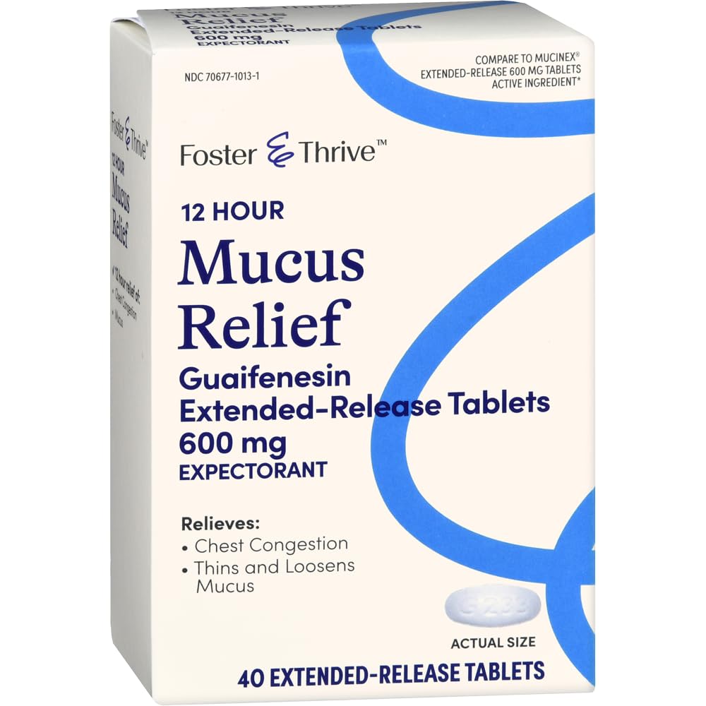 Foster & Thrive Chest Congestion Mucus Extended Release, 600 mg Guaifenesin Relieves Chest Congestion Caused by Excess Mucus, (Compare to Mucinex 12 Hour Extended Release), 40 Tabletten