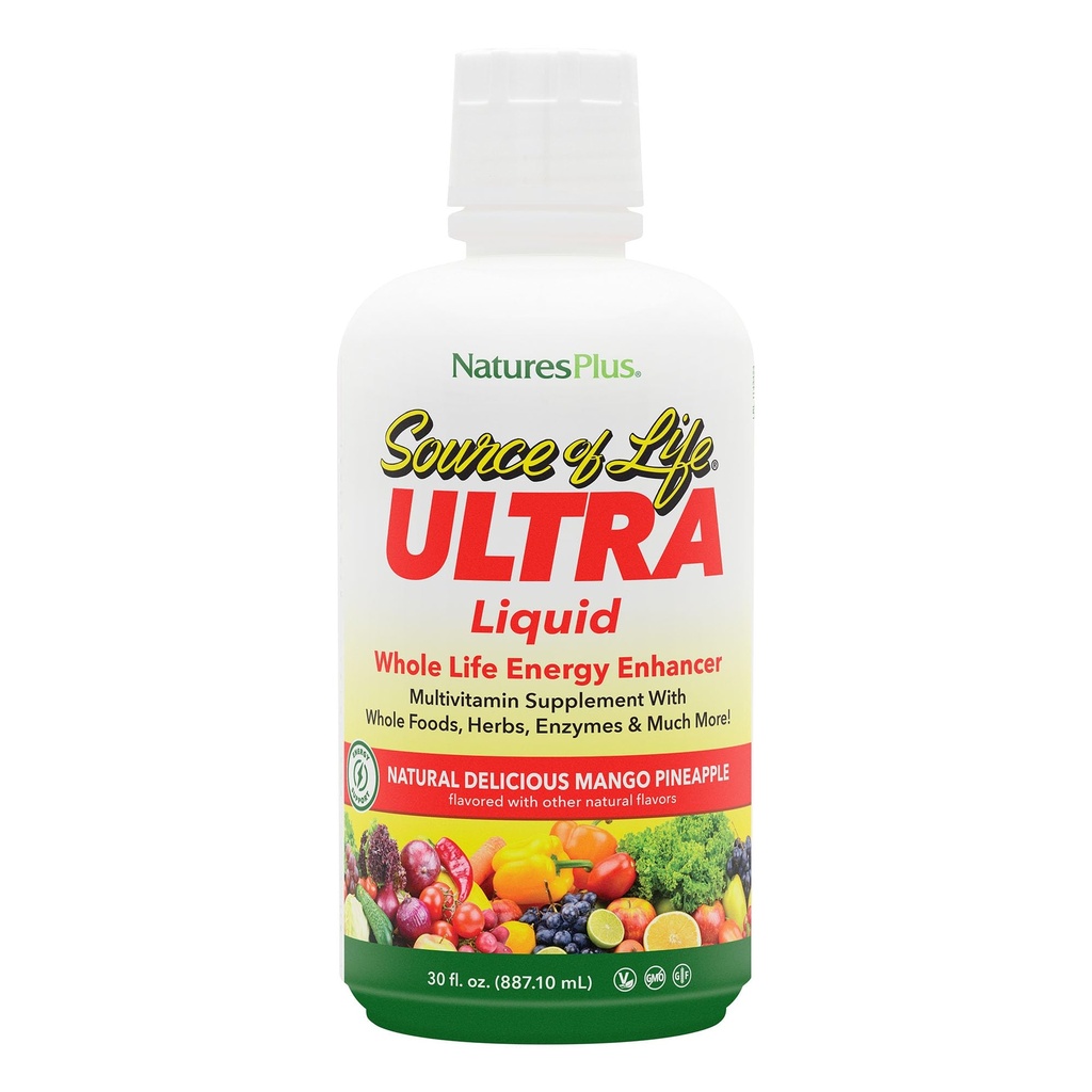 NaturesPlus Ultra Source of Life Liquid - 30 fl oz - Mango Ananas Flavor - Multivitamin-Ergänzung mit Vitamin D3 und Lutein - Vegetarisch, Glutenfrei - 30 Portionen