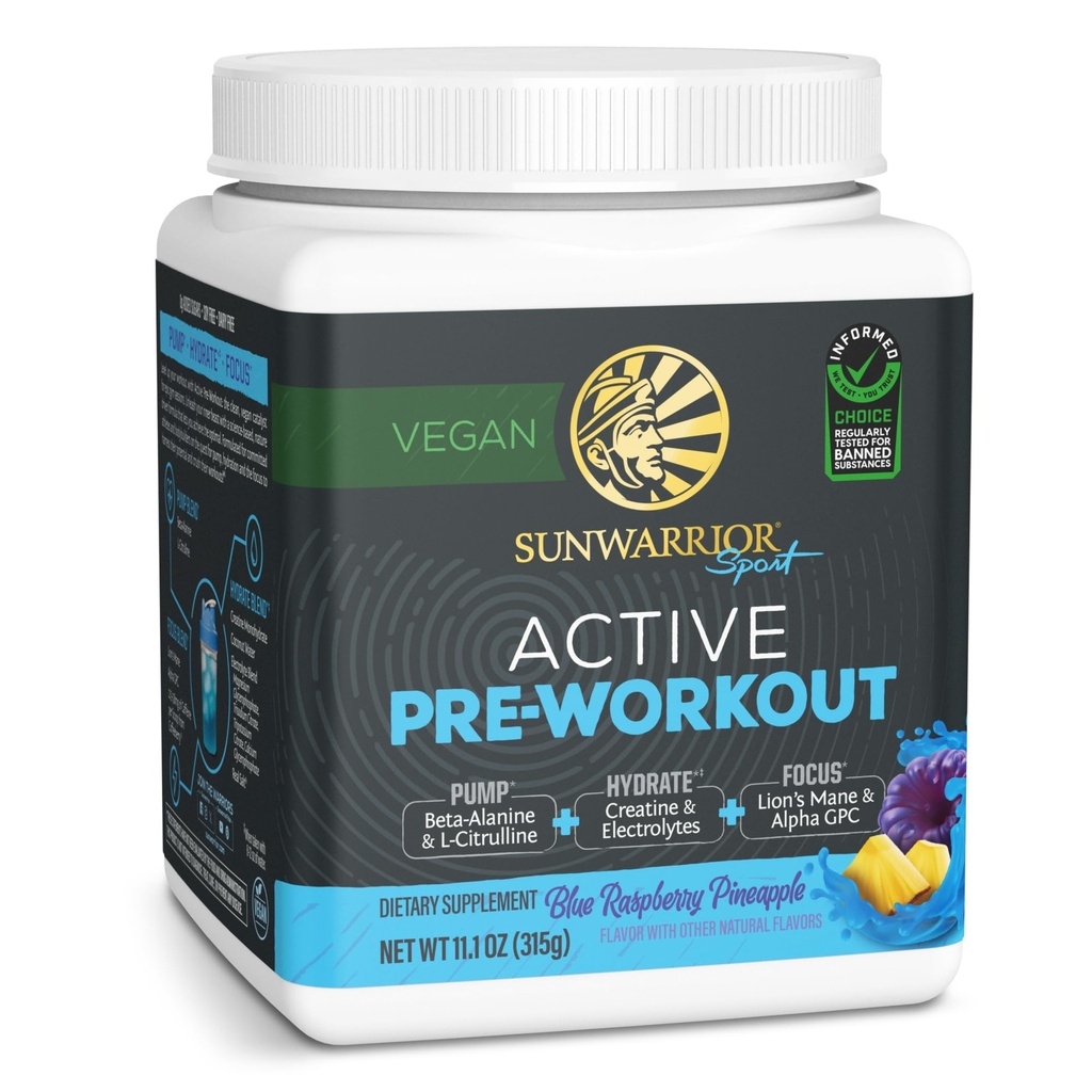 Sunwarrior Pre Workout Powder Energy Drink Vegan Pflanzenbasierte Ergänzung Pumpe, Hydrate, Fokus, Ausdauer, & Stärke Builder Blau Himbeer Ananas Flavored 30 Serviers Active Preworkout