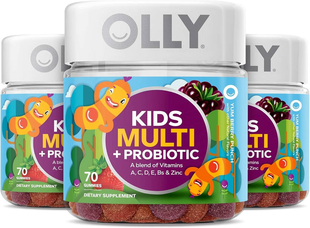 OLLY Kids Multivitamin + Probiotic Gummy, Vitamine A, C, D, E, B, Zink, Probiotika, Chewable Supplement, Berry Flavor, 70 Count (3 Pack)