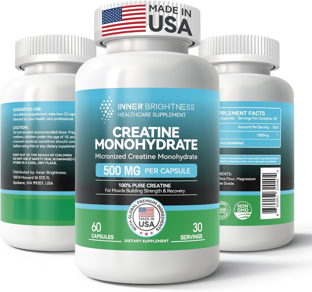 Kreatin Monohydrat Kapseln für Muskelaufbau, Endurance & Stärke, Workout Supplement | Non-GMO, Glutenfrei - 60 Kapseln