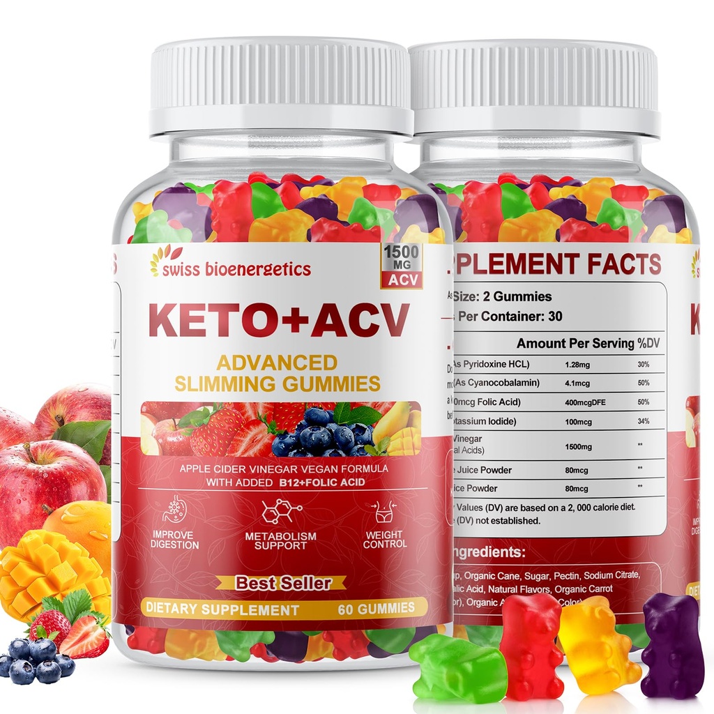 Keto Apple Cider Essiggummis, Keto ACV Gummy Nahrungsergänzung, Advanced 1500mg ACV Gummies mit Folate, B12、B6 und Keto Unterstützung für Frauen, Gelatin- Free, Vegan & Non-GMO (Multi-Flavor)