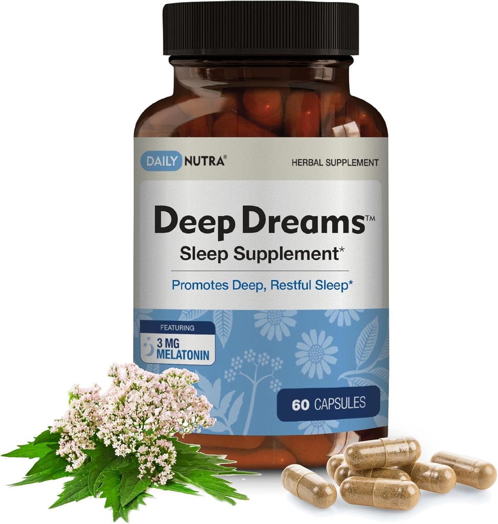 Deep Dreams ~ Natural Herbal Sleep Supplement Promotes Deep, Restful Sleep, Non Habit Forming with Melatonin, L-Tryptophan, Valerian, GABA, Kamille, & Passionflower (60 Kapseln)